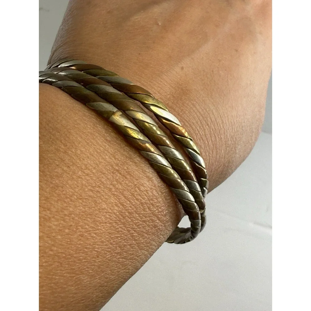 Vintage Twisted Bangle Bracelet Set 3 Brass Copper Mixed Metal Braided Stacking